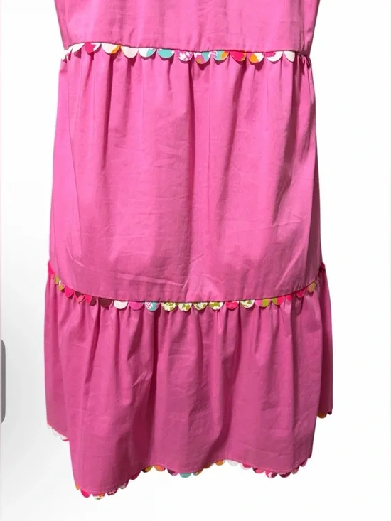 Crosby by Mollie Burch Sz S Whitley Dress Pink Bubblegum Tiered Ruffle Pom Trim - Picture 8 of 12